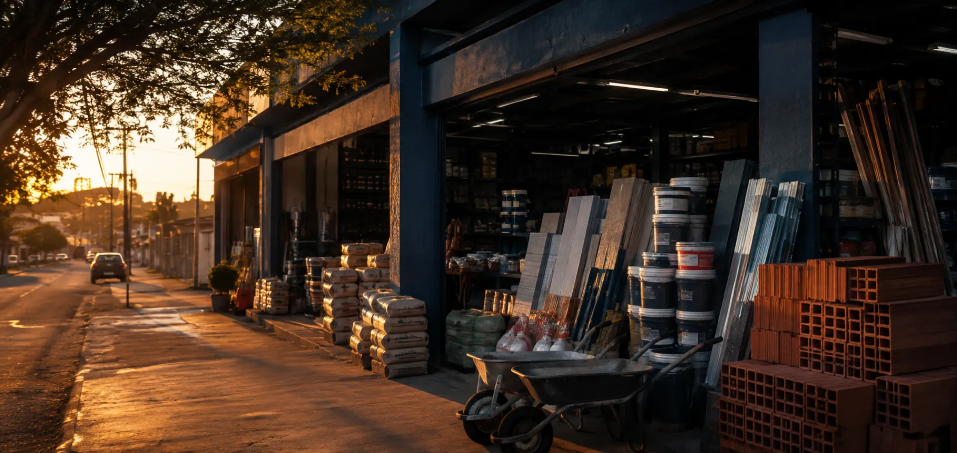 Fachada de uma loja de materiais de construção ao entardecer